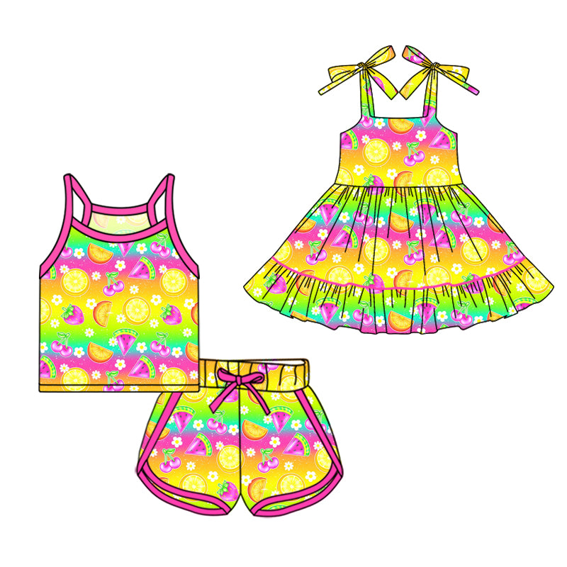 3.31 Custom moq 5 mix size Sibling Baby Girl's Fruit Strap Top Shorts Set Cute Dress for Summer