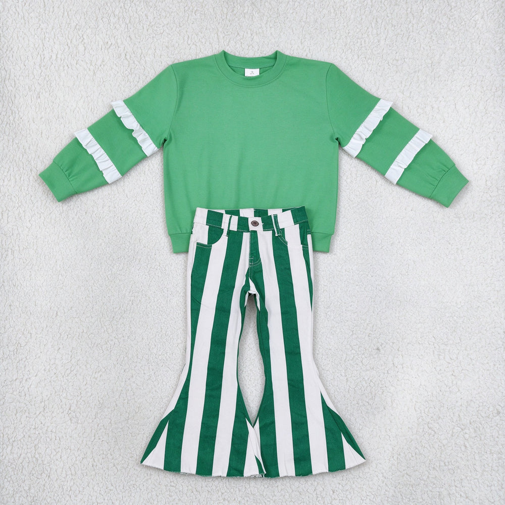 NEW RTS NO MOQ Denim GT1858+ P0330 Baby Girls Green White Patchwork Long Sleeve T-shirts Green White Stripes Bell Denim Pants Sets