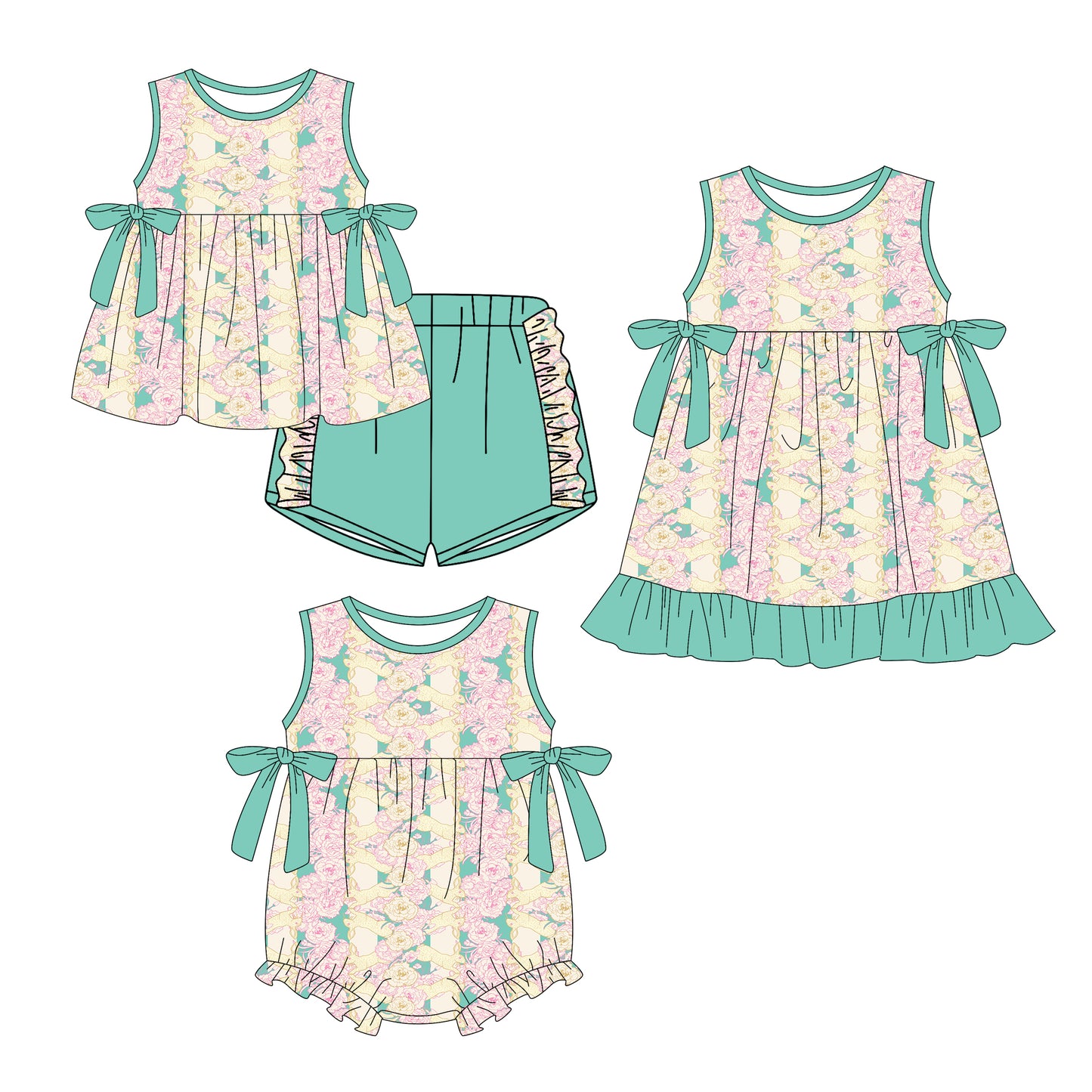 25.12.17 custom each style moq 5 eta 6-8week Sibling Sister floral baby short sleeve shorts sets and romper and dress match design