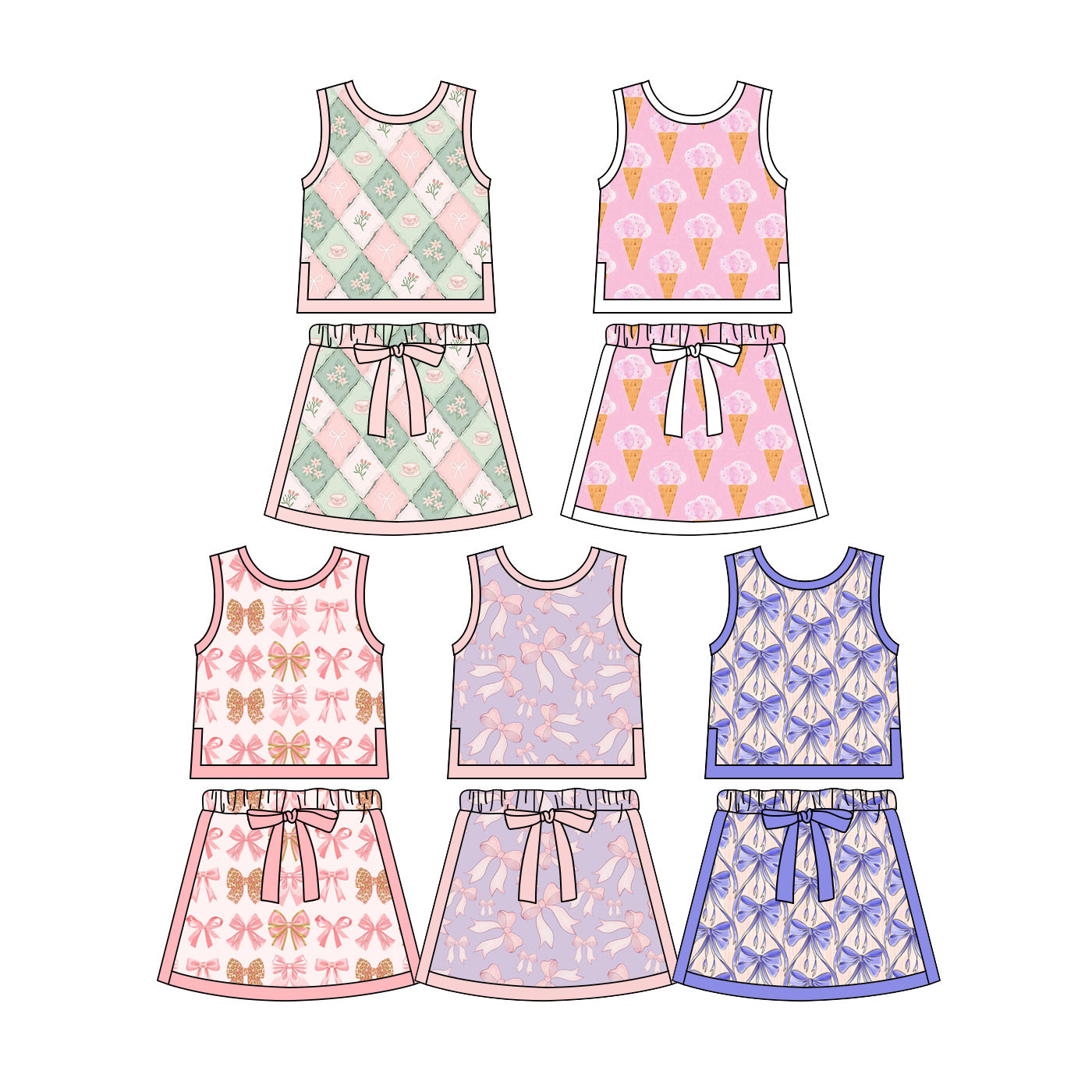 2.27 Custom moq 5 mix size Sibling Baby Girl Sleeveless Top And Skirt with bow Set Cute Outfit