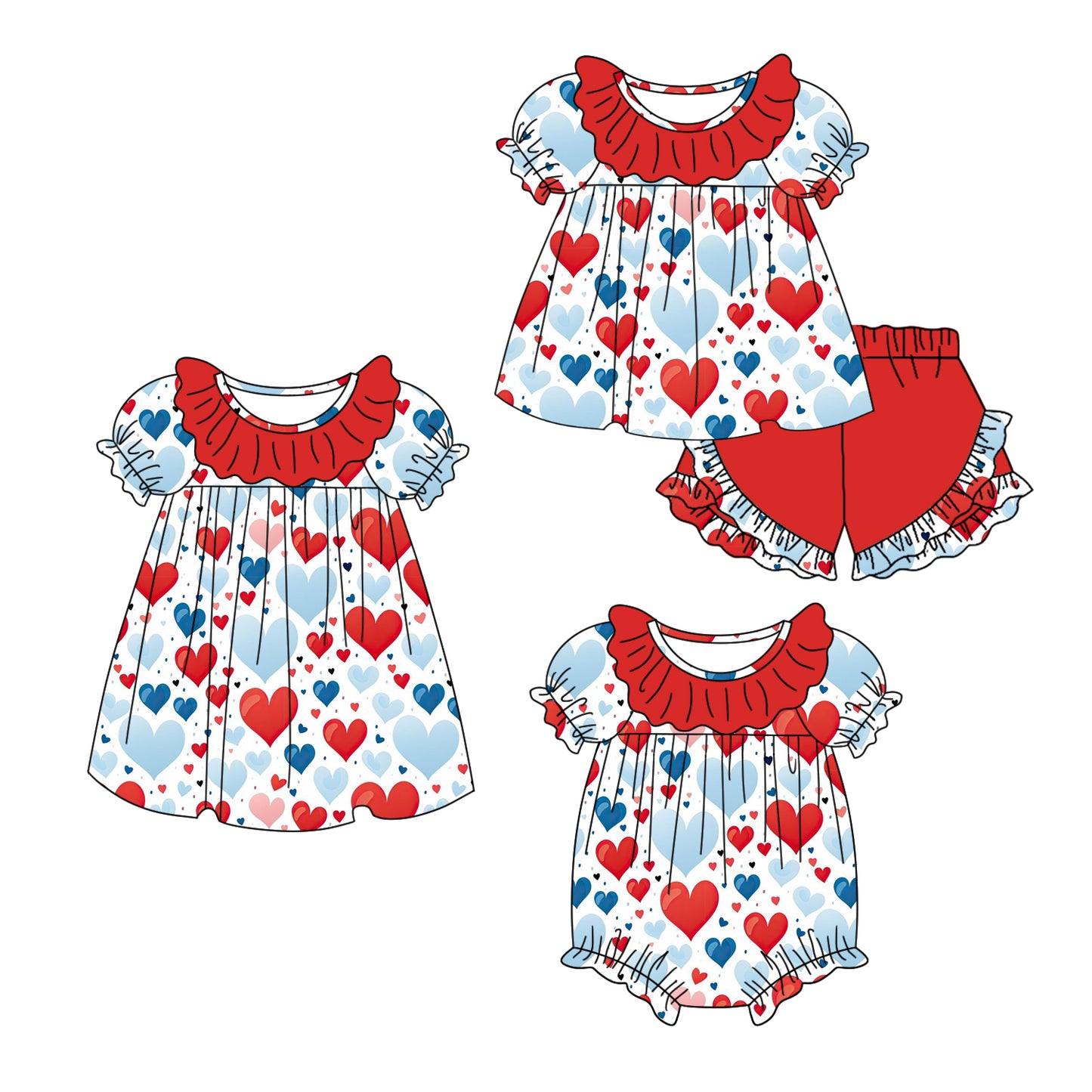 11.6 custom each style moq 5eta 4-6week Sibling Sister love red baby girl short sleeve shorts sets and dress and rompers match family design