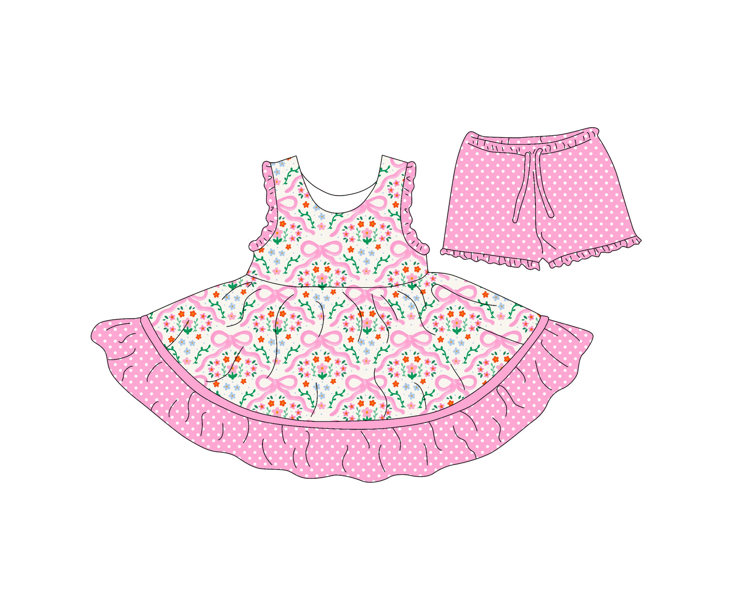 4.15 custom each style moq 5eta 4-6week Sibling Sister bow floral baby girls clothes Short sleeve dress and shorts match family design