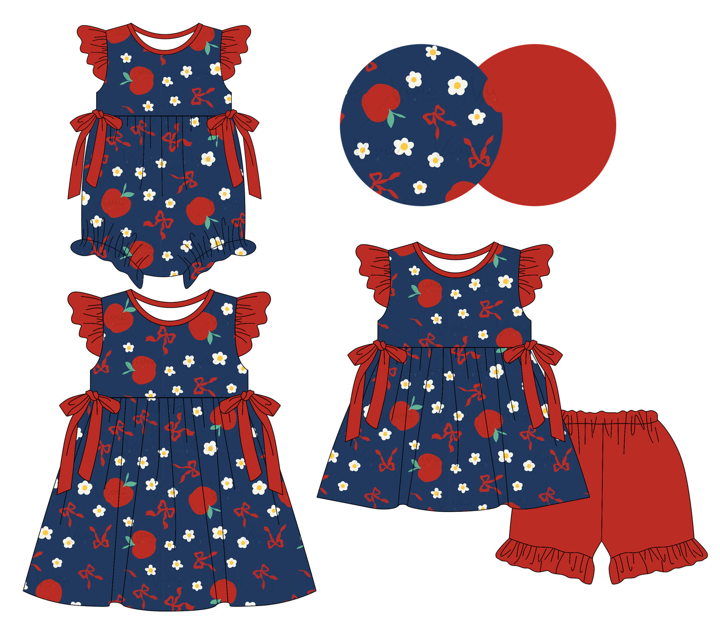 25.12.24 custom each style moq 5 eta 6-8week Sibling Sister apple bow floral baby short sleeve shorts sets and romper and dress match design