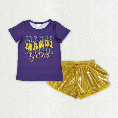RTS NO MOQ Sibling Baby Girls' Mardi Gras Short Sleeve Top with Ruffle Shorts Outfit Set