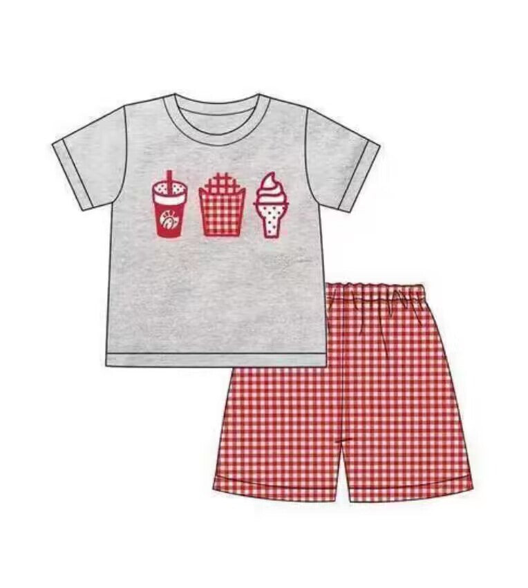 5.18custom each style moq 5eta 4-5week Sibling Sister Drink popcorn ice cream print gray polka dots and red plaid girls and boys outfits and baby romper match family design
