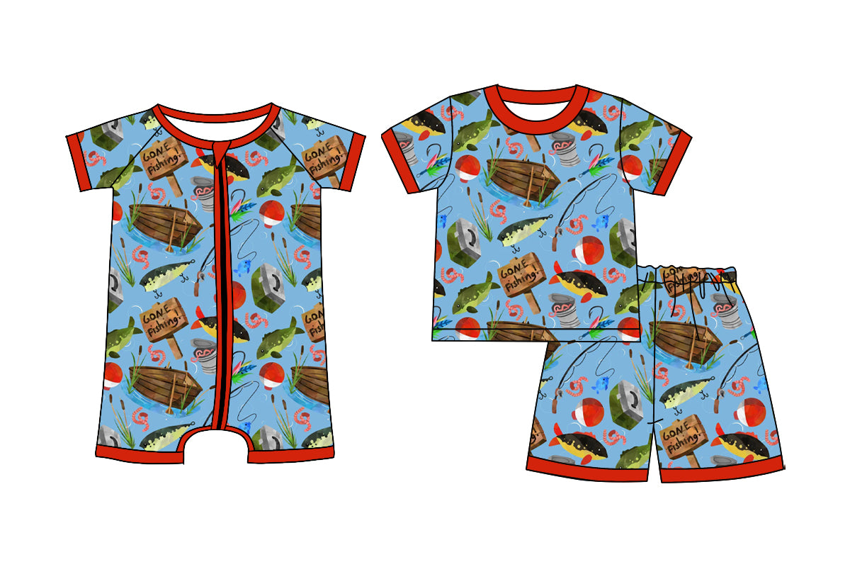 Custom moq 5 mix size Sibling Blue Short-Sleeved Zippered Romper And Short-sleeved shorts set Baby Boys Outfit