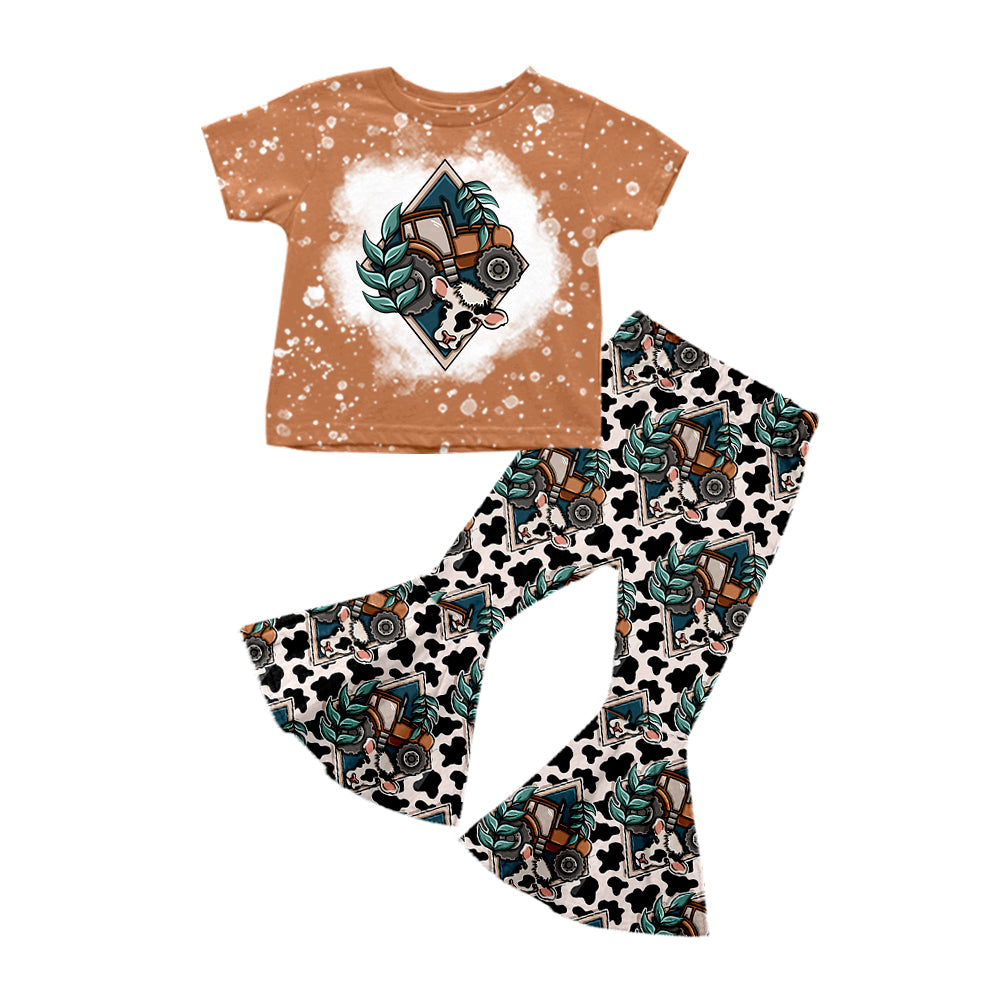 8.19 custom each style moq 5eta 4-6week baby girls clothes cow head brown short sleeve pants sets