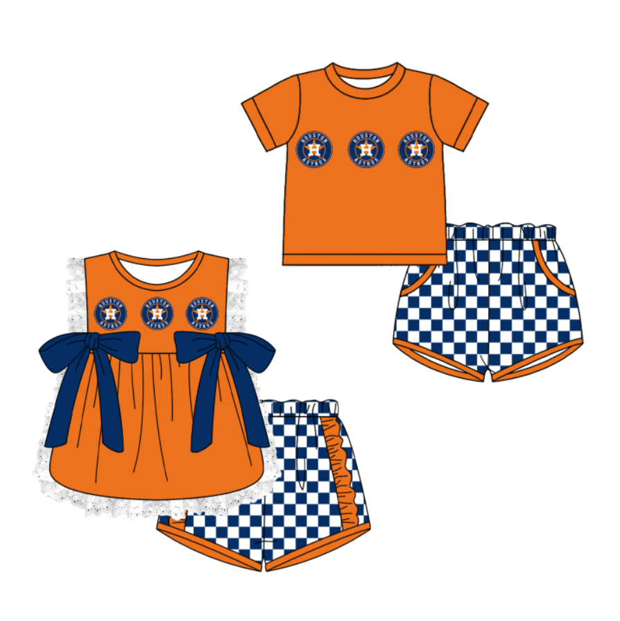Custom moq 5 mix size milk silk summer teams Orange Girl Sleeveless Top And Plaid Shorts Set with Bow Boy Short Sleeved Top And Plaid Shorts Set