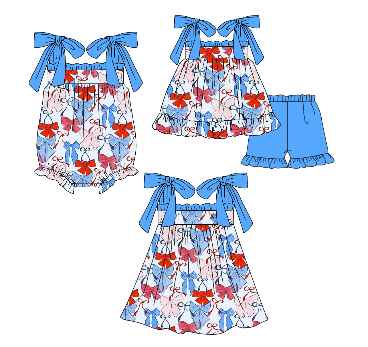 12.12 custom each style moq 5eta 4-6week Sibling Sister bow baby girl short sleeve shorts sets and dress and rompers match family design