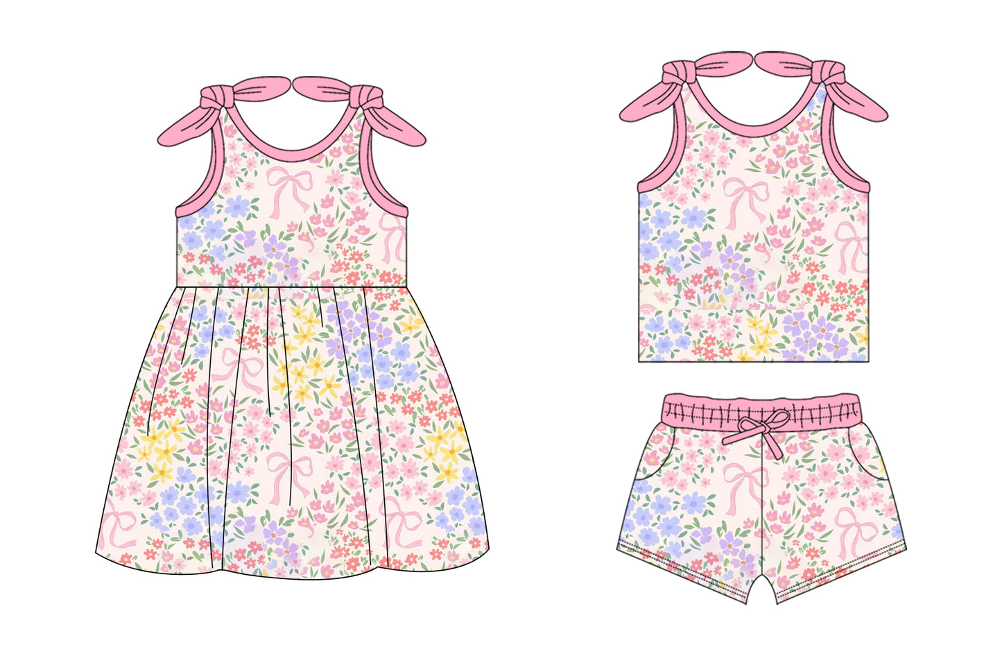 26.1.14 custom each style moq 5 eta 6-8week Sibling Sister bow floral baby short sleeve shorts sets and dress match design