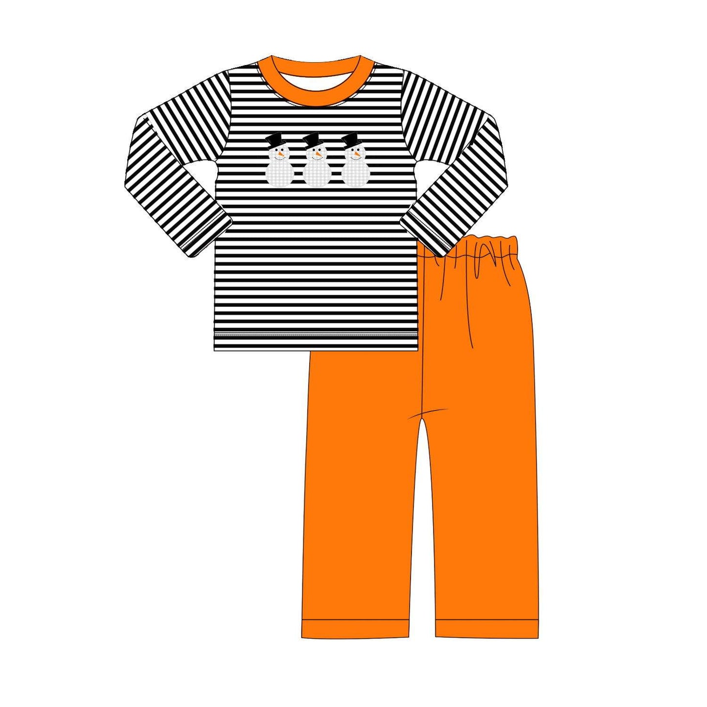 5.16custom each style moq 5eta 4-5week Sibling Sister winter snowman print orange strips boys outfits and baby romper match family design
