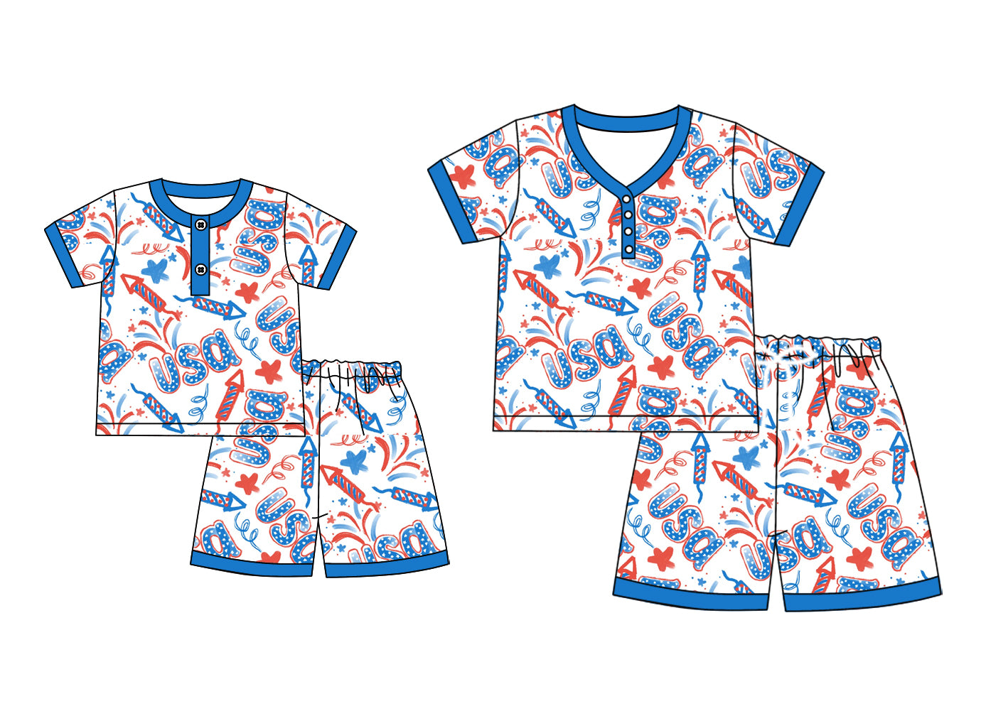 4.24 custom each style moq 5eta 4-6week Sibling Sister USA short sleeve shorts sets and adult sets match design