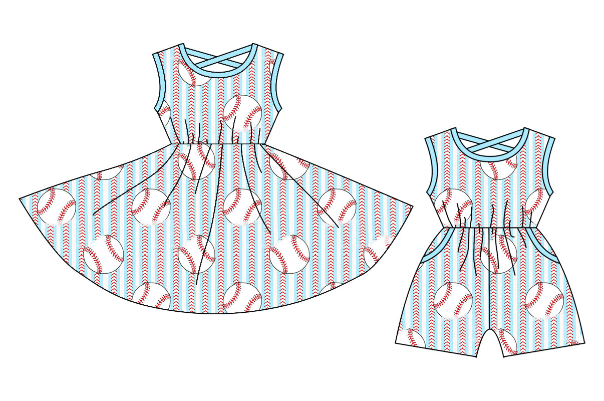 3.12 custom each style moq 5eta 4-6week Sibling Sister baseball baby girl short sleeve dresses and jumpsuit match design