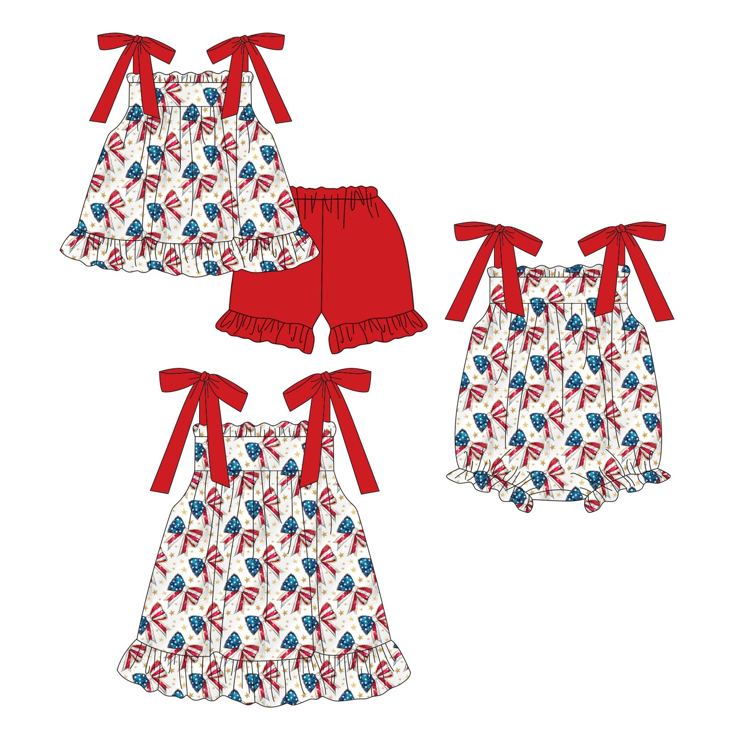 3.14 Custom moq 5 mix size Sibling Cute Clothes Baby Girl's 4th of July Strap Top And Short Set Matching Romper Dress for Summer