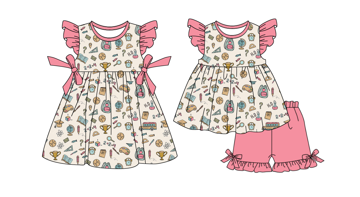 Custom moq 5 mix size Sibling Baby Girl's Flutter Sleeve Top And Shorts Set Back-to-School Outfit Dress Cute Children's Clothing