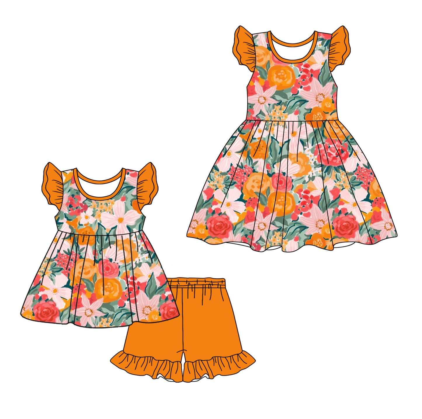 12.18 custom each style moq 5eta 4-6week Sibling Sister floral baby girl short sleeve shorts sets and dresses match design