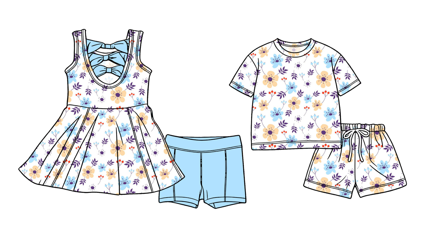 Custom moq 5 mix size Sibling Baby Girl Blue Sleeveless Yoga Dress And Shorts Outfit Short Sleeved Top And Shorts Set