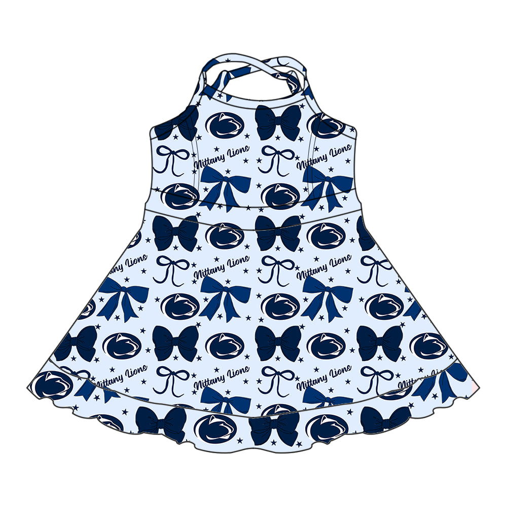 Custom moq 5 mix size milk silk summer teams baby girls clothes team bow blue sleeveless skirts sets and dress 1 and dress 2 and dress 3-25.6.27