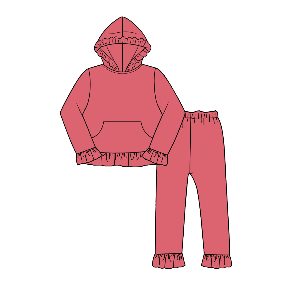 Custom moq 5 girls Blank Cotton Dusty Rose Ruffled Hooded Long Sleeve Pants Set