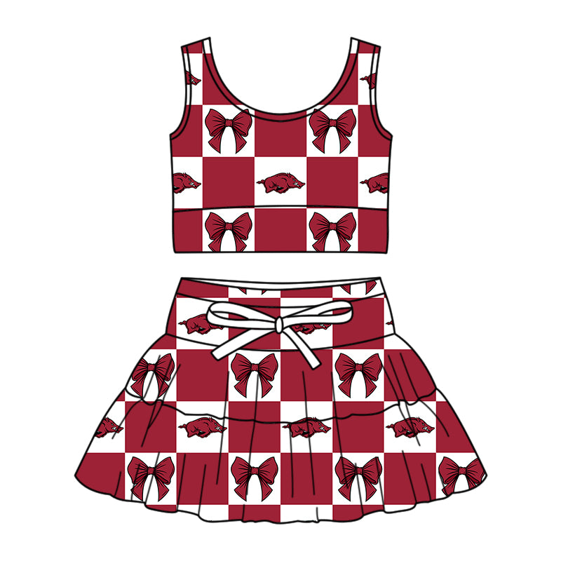 Custom moq 3 or 5 mix size milk silk summer teams baby girl clothes bow dark red sleeveless skirts sets-26.1.17