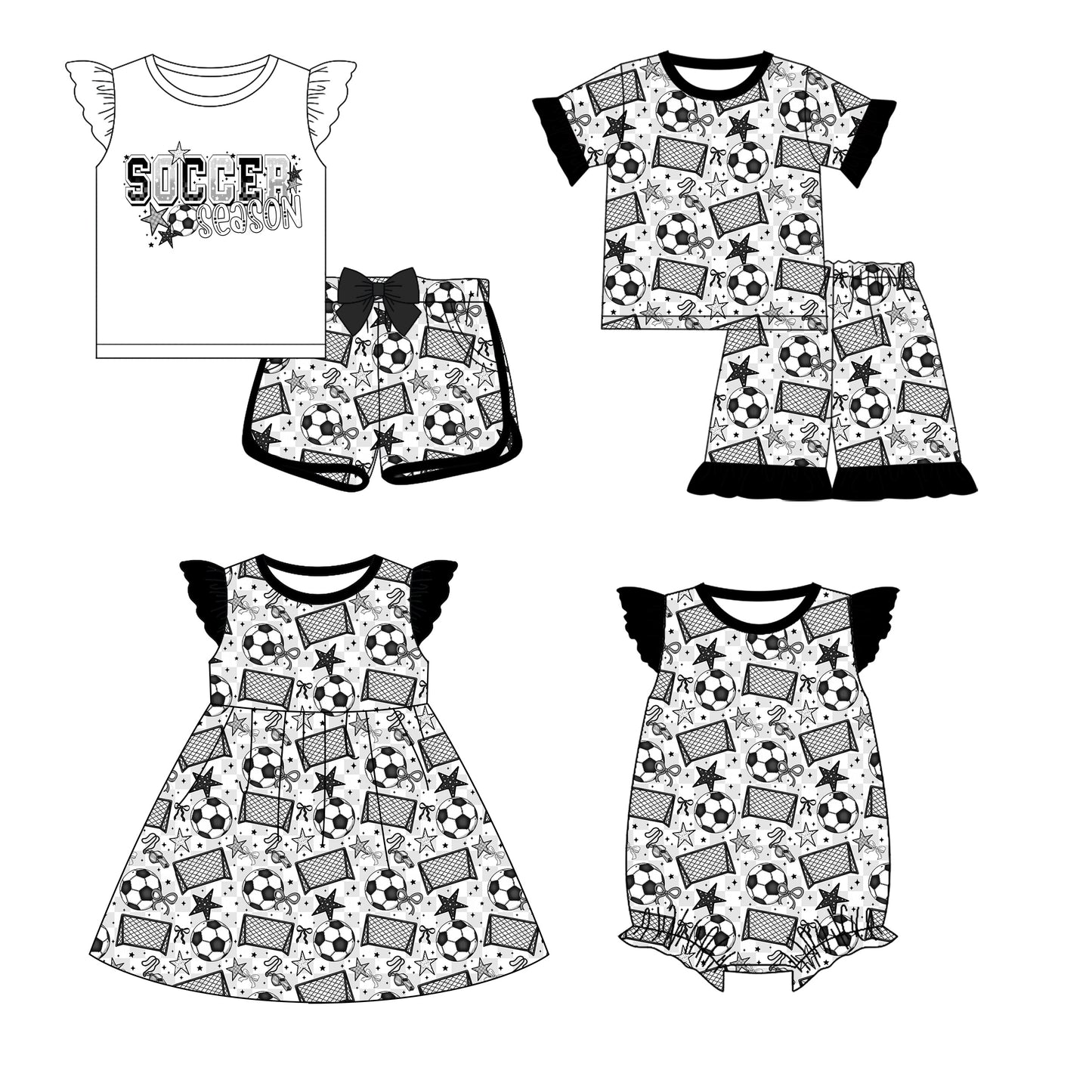 4.2 Custom moq 5 mix size Sibling Baby Girl's Black Footballs Bows Tunic Shorts Set Cute Romper Dress for Summer
