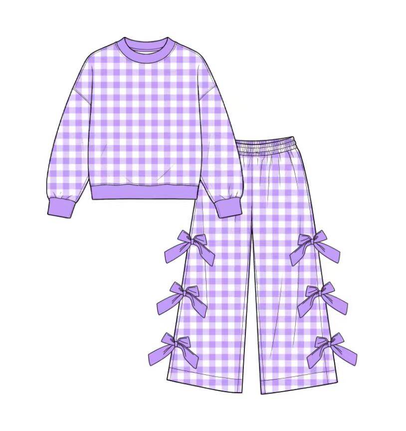 custom moq 5 mix size Toddler Girls Purple Gingham Long Sleeve Top And Bow Wide Leg Pants Outfit Set