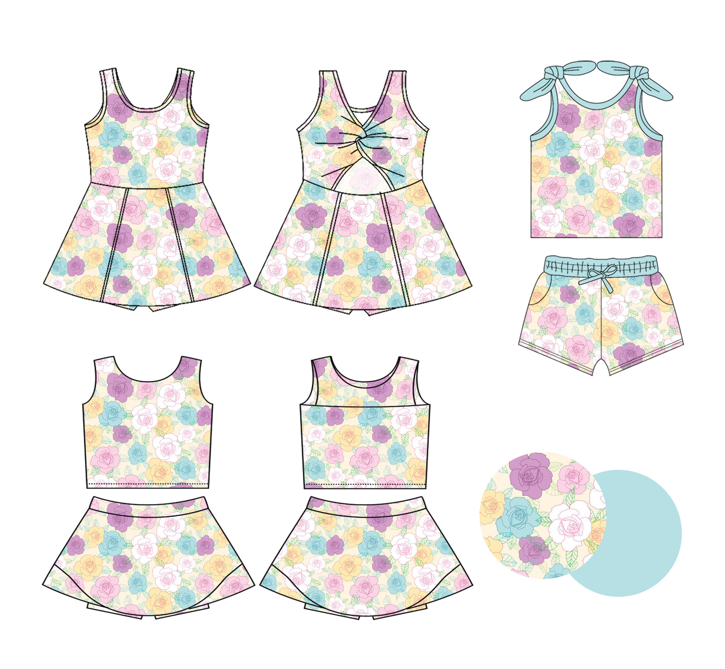 2.28 Custom moq 5 mix size Sibling Baby Girls Sleeveless Floral print Top And Shorts Set Sleeveless Top And Skirt Sets Dress Yoga Outfit