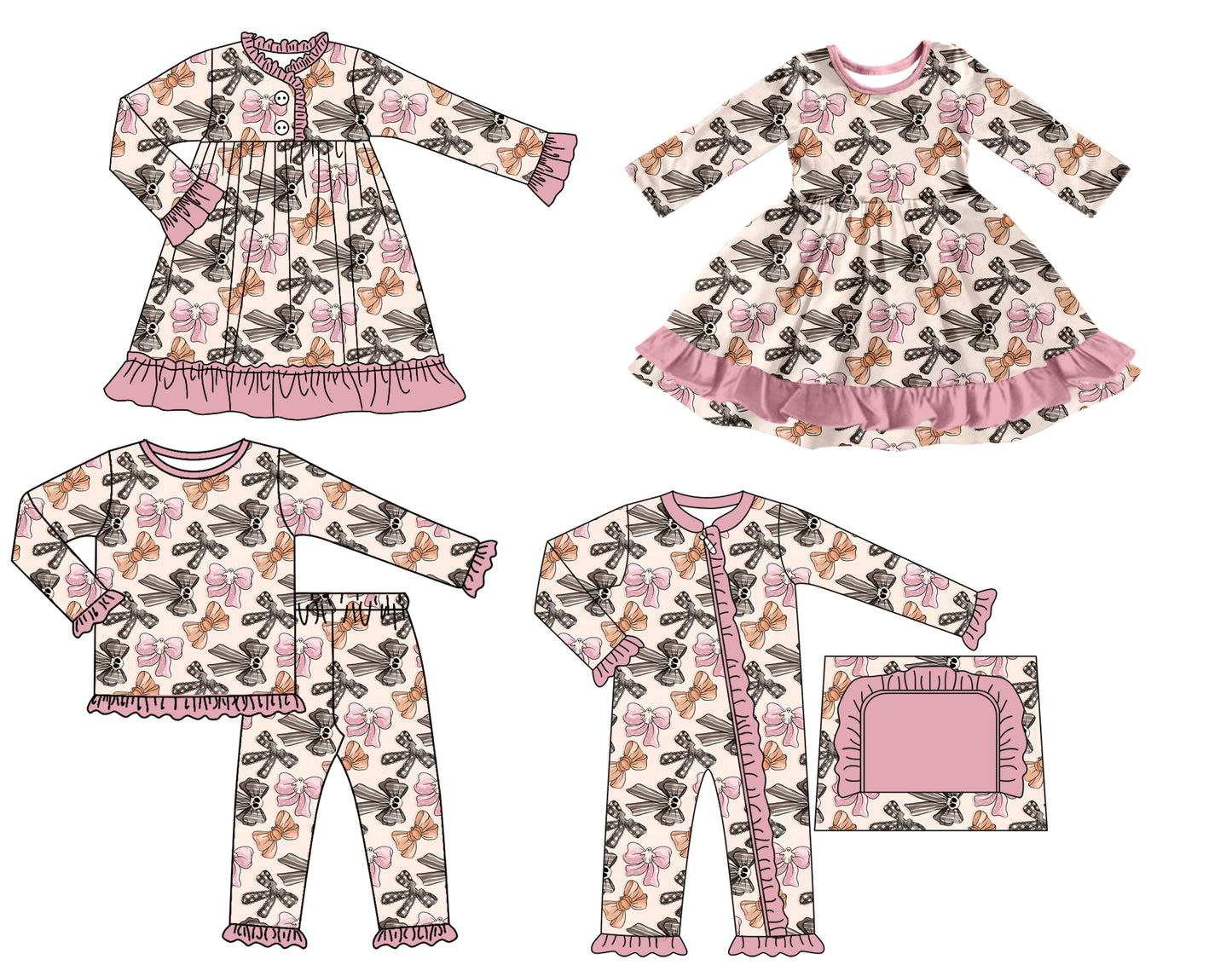 25.7.11 custom each style moq 5 eta 4-6week Sibling Sisters bow baby girl long sleeve pants sets and romper and dress 1 and dress 2 match family design