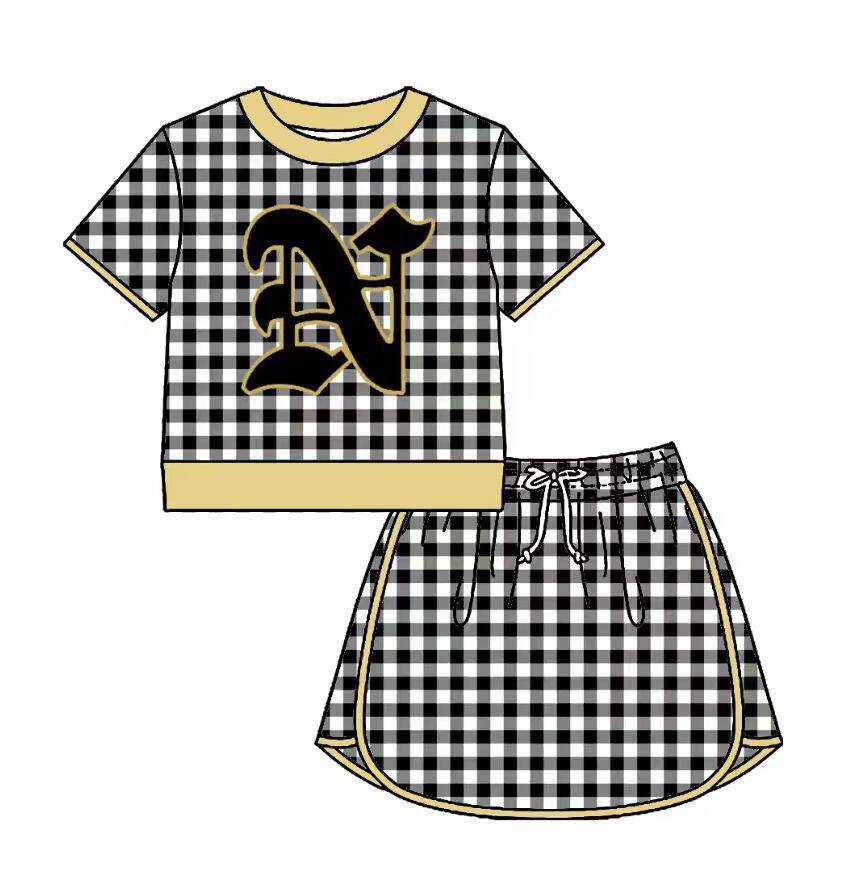Custom moq 5 mix size milk silk summer teams Baby Girls Black Plaid Short Sleeve Top Skirt Two Piece Set