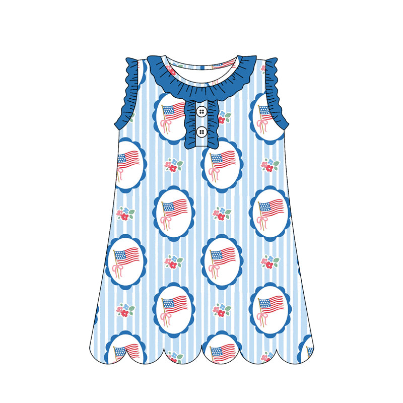 3.10 Custom moq 5 mix size Baby Girls Blue Sleeveless Knee Length Dresses 4th of July Outfits