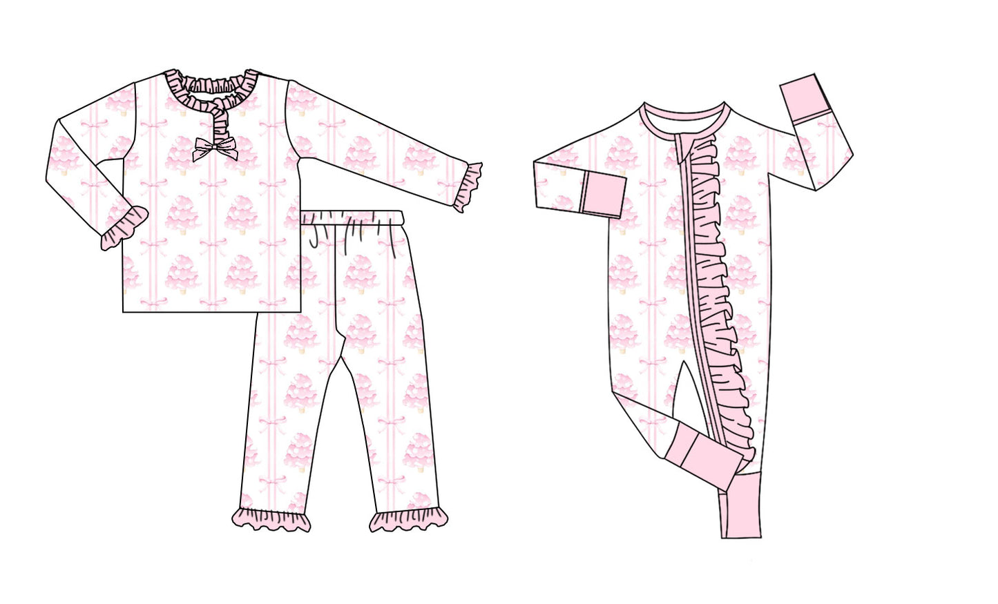 25.8.27 custom each style moq 5eta 4-6week Sibling Sisters Christmas trees bow pink baby girl clothes long sleeve pants sets and romper match family design