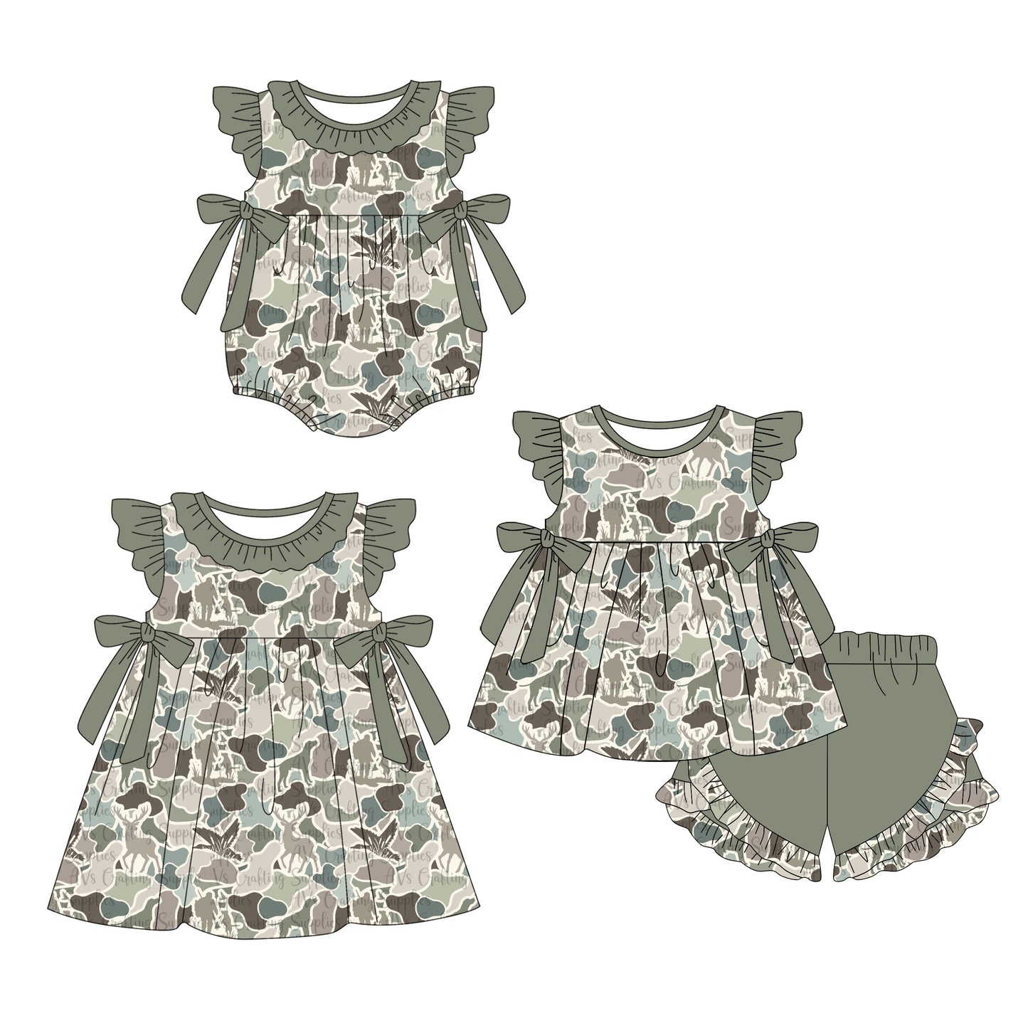 4.14 custom each style moq 5eta 4-6week Sibling Sisters duck camouflage baby girl short sleeve shorts sets and dress and rompers match family design