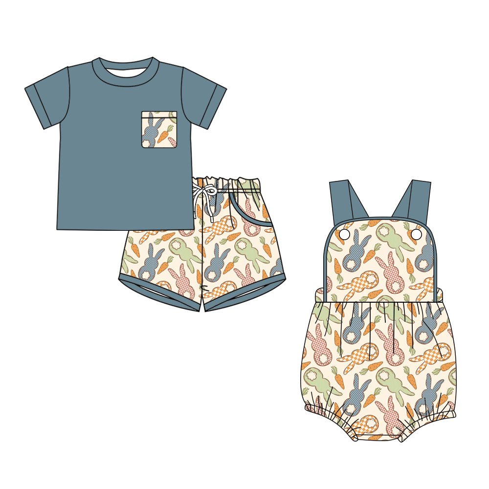 Custom moq 5 mix size Sibling Bunny Print Easter Baby Boys Romper Short-Sleeved Top And Shorts Set for Infants