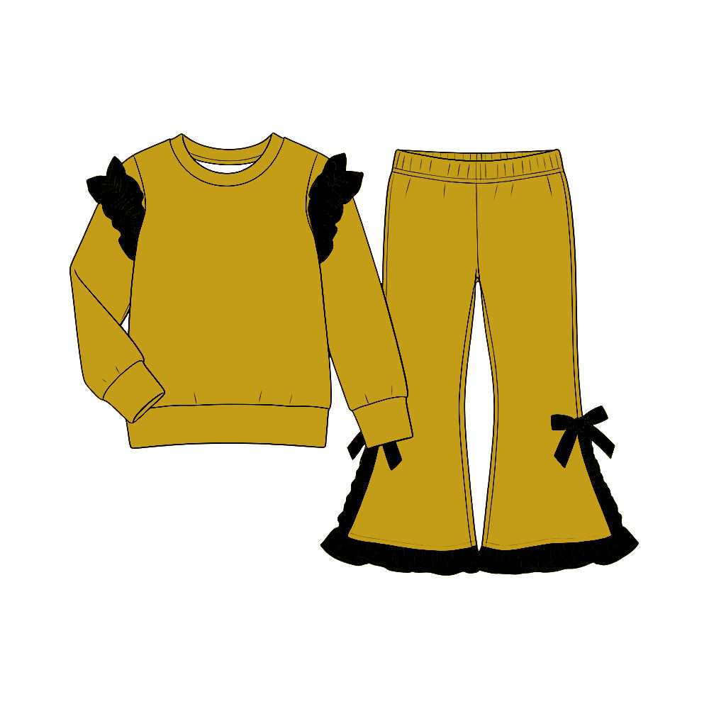 custom moq 5 mix size Baby Girls Mustard Yellow Ruffle Long Sleeve Top And Flare Pant With Bows Set