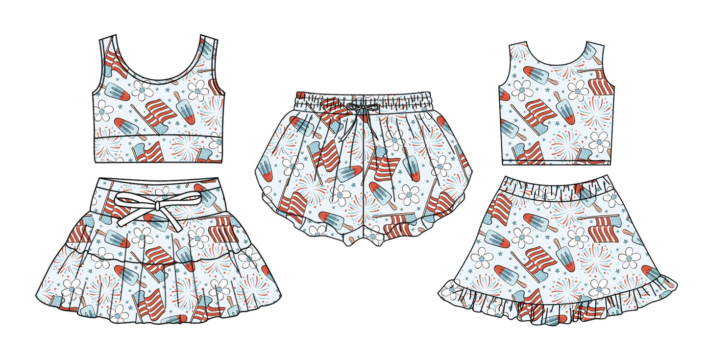 3.27 Custom moq 5 mix size Sibling Baby Girls 4th of July Sleeveless Top And Skirts Set Yoga Shorts Outfit