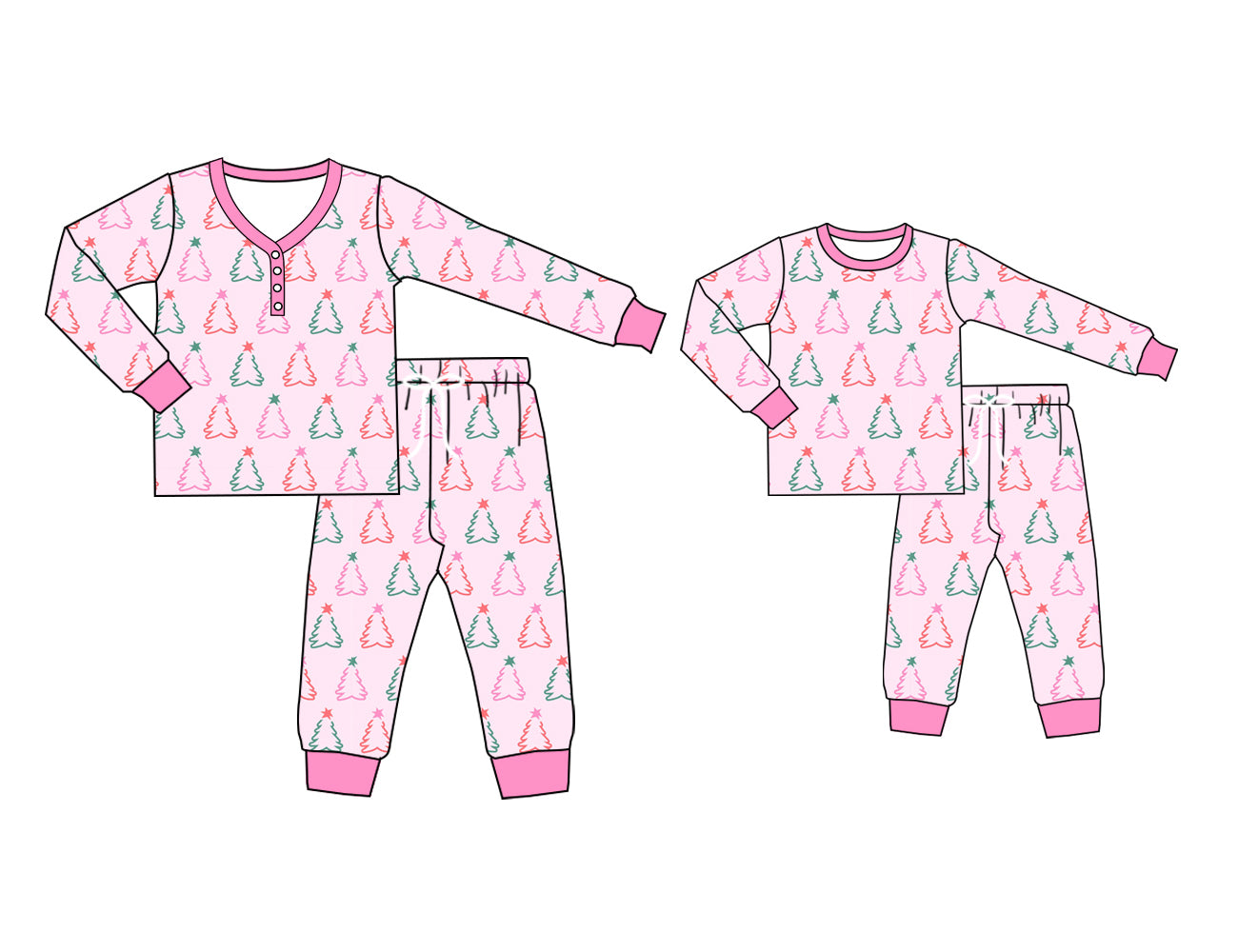 25.5.15 custom each style moq 5eta 4-6week Sibling Sister Christmas trees long sleeve pants sets and adult sets match design