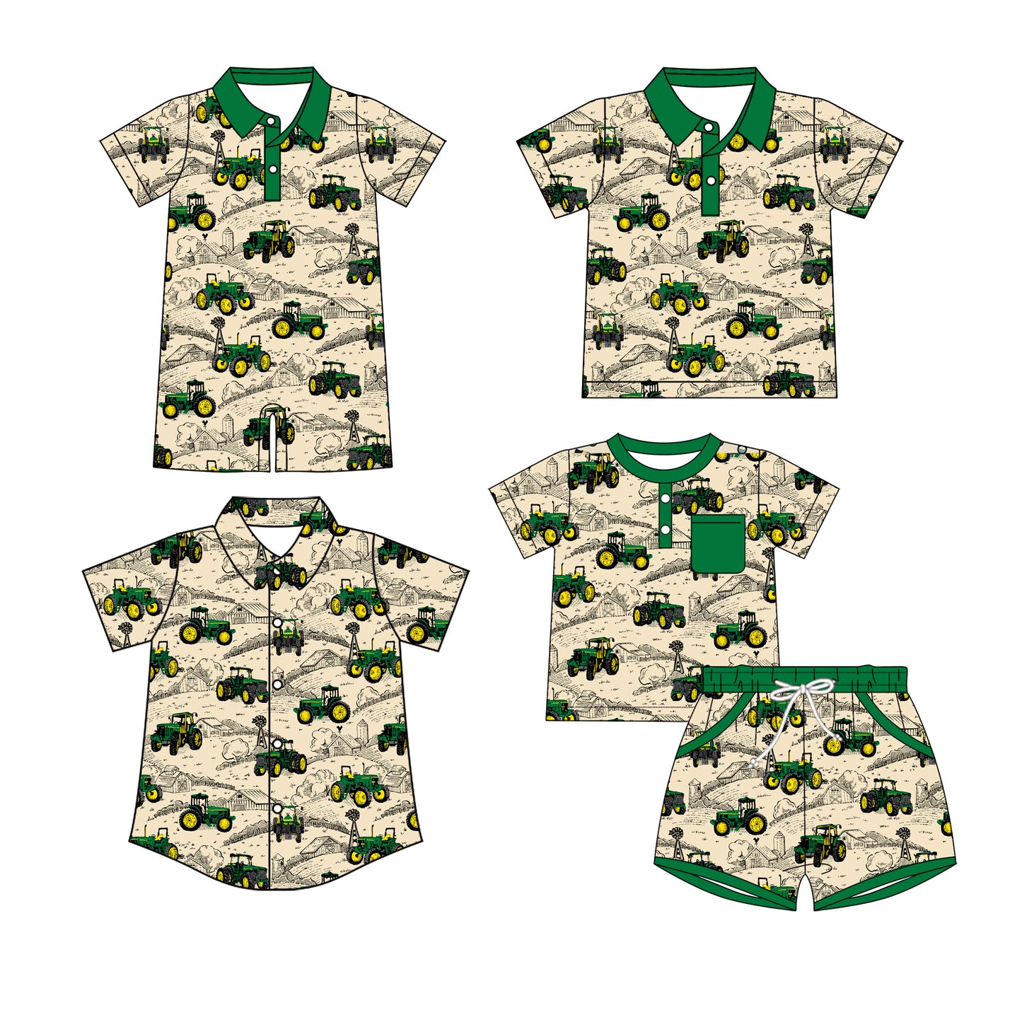 3.25 Custom moq 5 mix size Sibling Baby Boy's Green Short-Sleeved Outfit Set with Matching Polo Shirt And Button-Down Shirt Romper