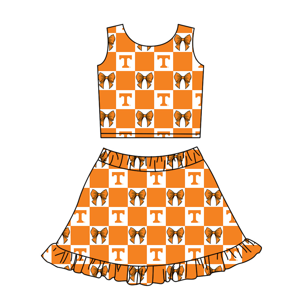 Custom moq 3 or 5 mix size milk silk summer teams baby girl clothes bow orange sleeveless skirts sets-26.1.20