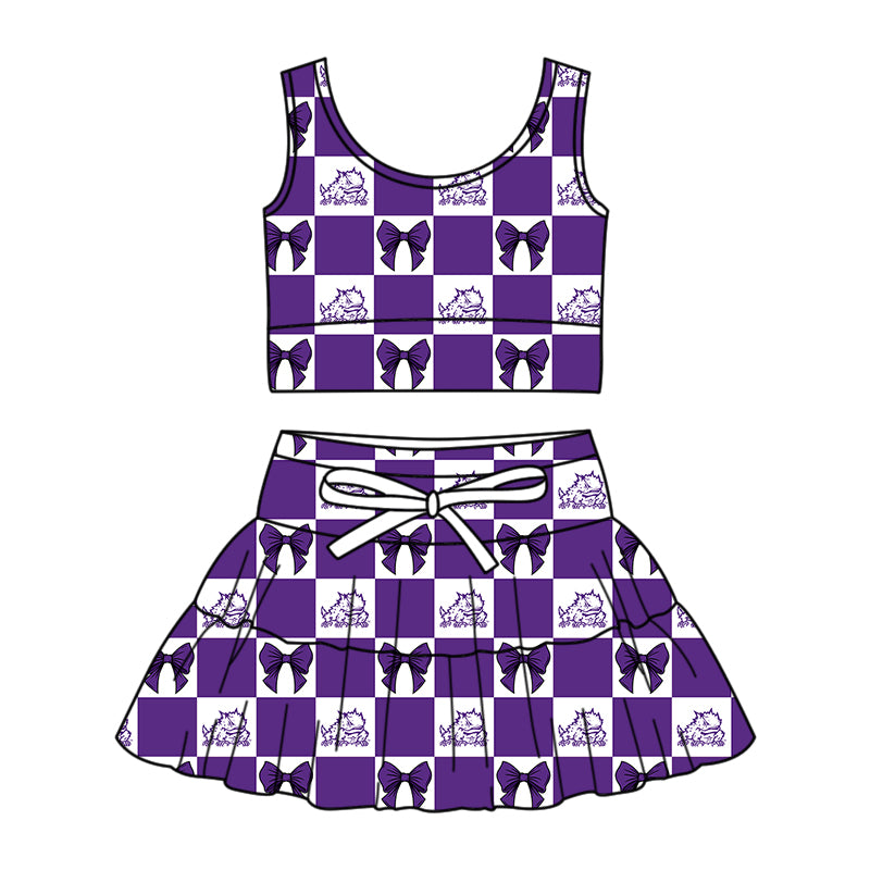 Custom moq 3 or 5 mix size milk silk summer teams baby girl clothes bow purple sleeveless skirts sets-26.1.26