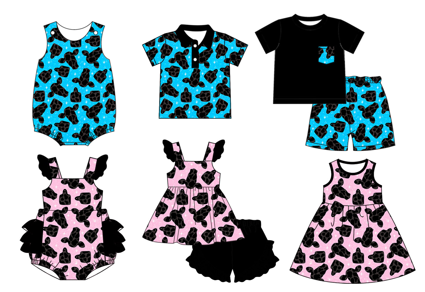 11.18 custom each style moq 5eta 4-6week Sibling Sister cow head pattern baby girl short sleeve shorts sets and sets 2 and girls romper and boy romper and dress and top match design