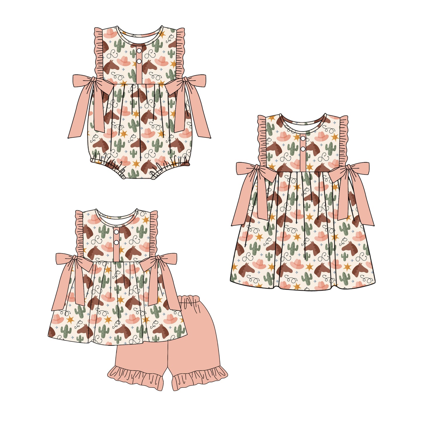 4.1 Custom moq 5 mix size Sibling Baby Girl's Western Cactus Sleeveless Tunic Ruffle Shorts Set Cute Romper Dress for Summer