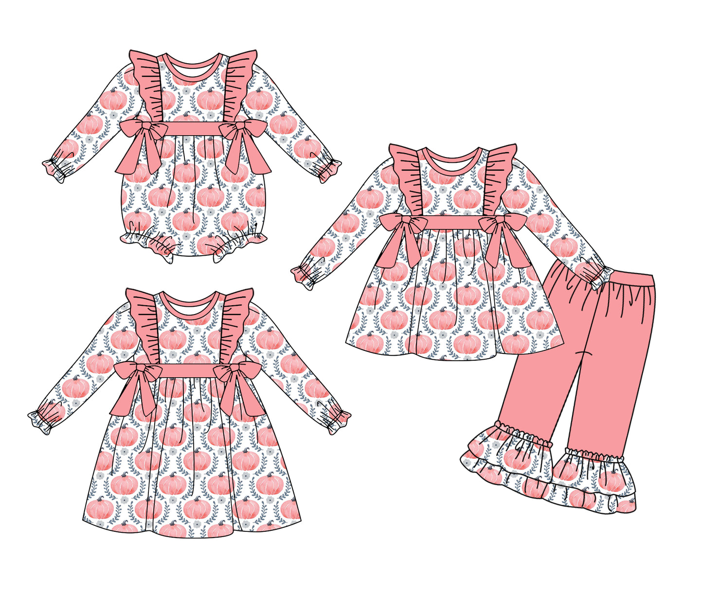 25.6.3 custom each style moq 5eta 4-6week Sibling Sisters pumpkin baby girl long sleeve pants sets and dress and rompers match family design
