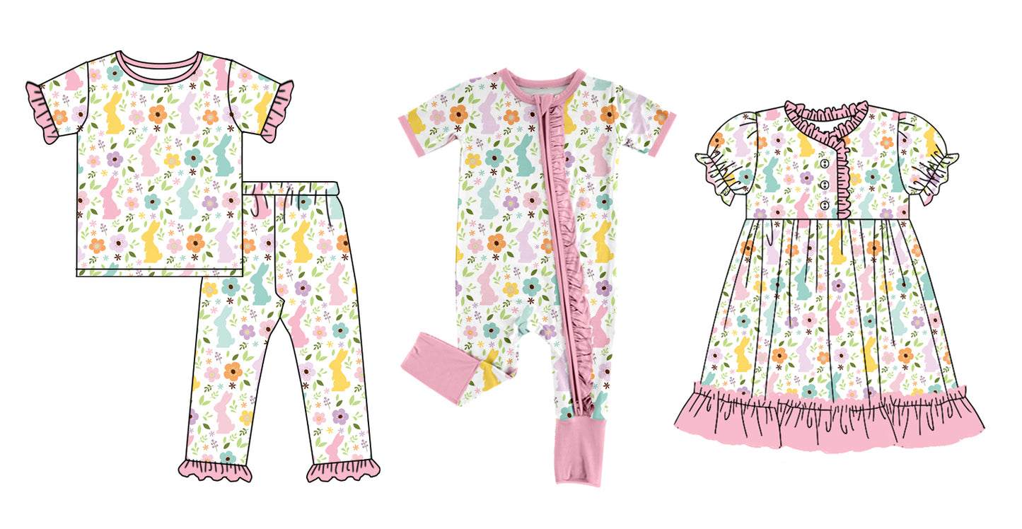 12.11 custom each style moq 5eta 4-6week Sibling Sister easter floral baby girl sets and dress and rompers match family design