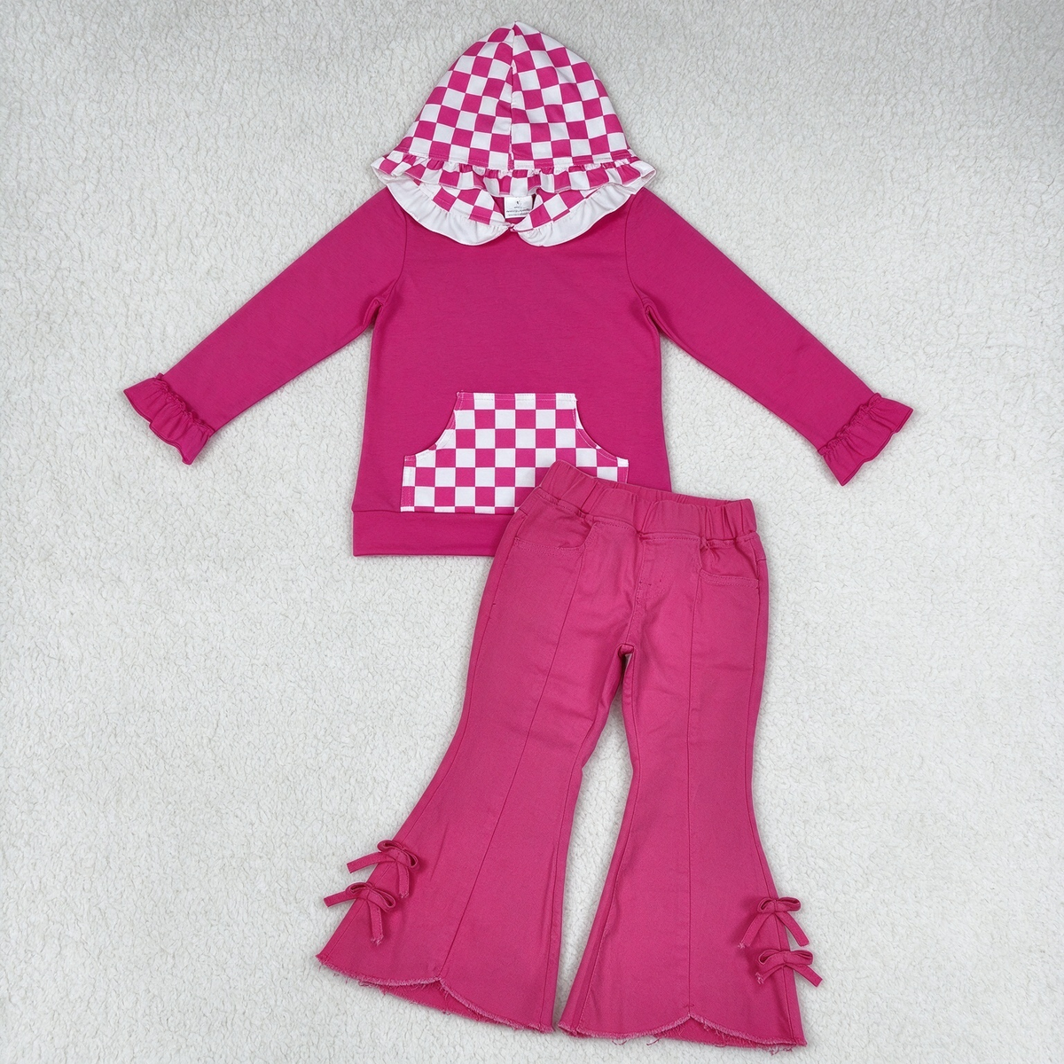 NEW RTS NO MOQ Denim GT1851+ P0731 Baby Girls Hot Pink Checkered Ruffle Hoodie With Pocket Pink Bows Denim Flare Pants Jeans Set