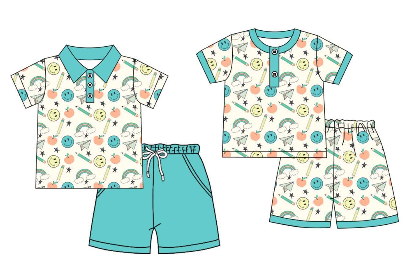 3.9 Custom moq 5 mix size Sibling Baby Boy Back To School Short-Sleeved Pajama Set with Matching Short-Sleeved Polo Shirt And Shorts