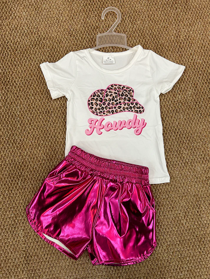 RTS NO MOQ ETA 5/7days Arrived GT0138+SS0412 Girls HOWDY hat short-sleeved top Shiny leather dark purple shorts