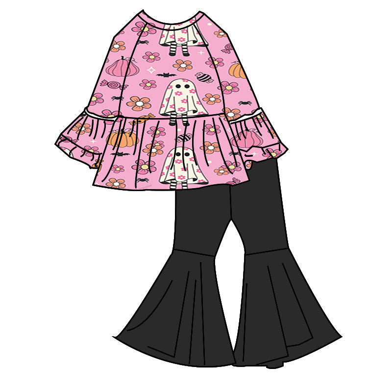 Custom moq 5 mix size milk silk summer baby girl clothes ghost floral long sleeve pants sets-25.8.15