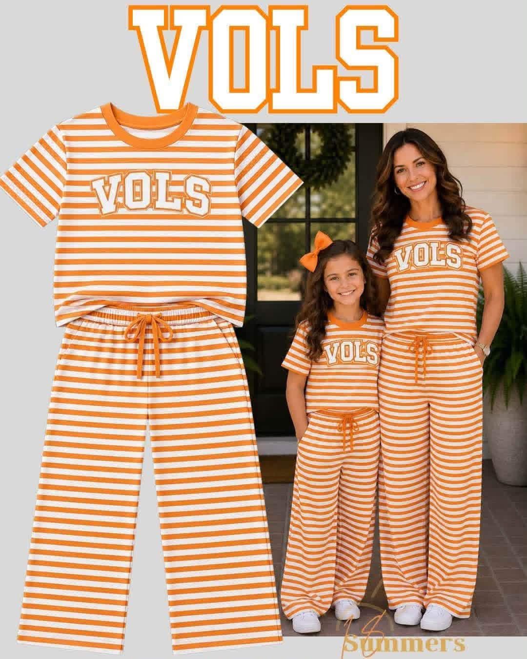 custom moq 5 mix size PresleyJS0103 Adult To Match Kids Orange White Striped Short Sleeve Tee And Wide Leg Pant Outfit Set