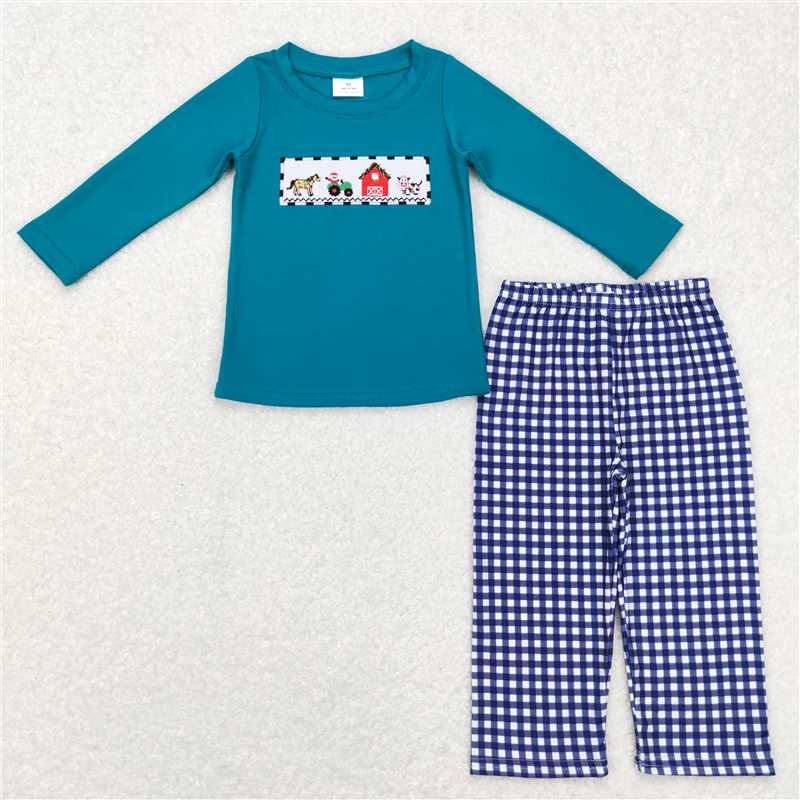 RTS NO MOQ(In Stock) Baby Boys embroidery farm Pocket Top Pants Outfits Sets
