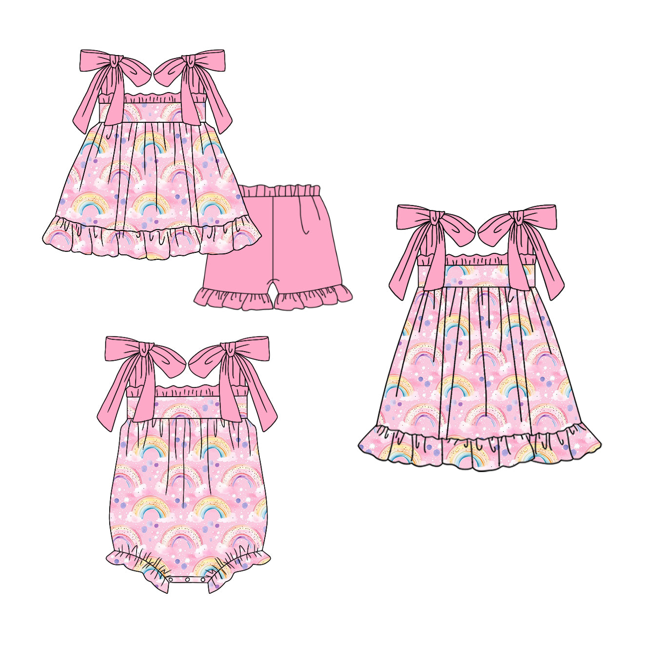 12.4 custom each style moq 5eta 4-6week Sibling Sister rainbow baby girl short sleeve shorts sets and dress and rompers match family design